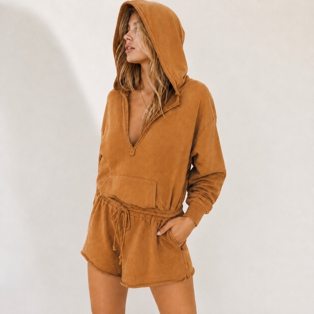 Free People Romper Large Brown Hood Long Sleeve Lounge Cotton FP Beach Boho New
